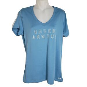 Under Armour Women's T Shirt Medium Short Sleeve V-Neck Tech Graphic Tee Blue